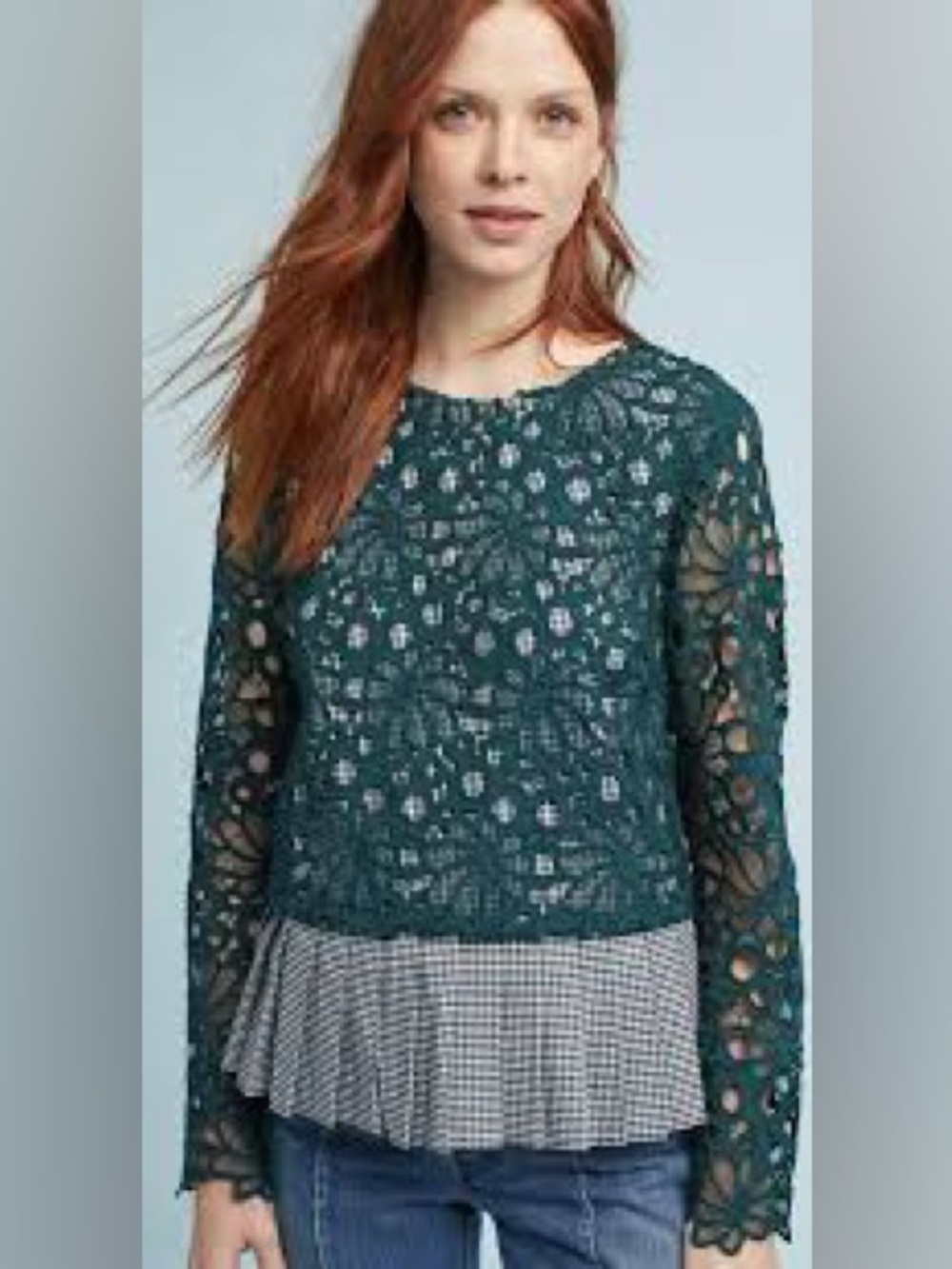 Anthropologie Maeve Gabriella Gingham & Lace Peplum Top - size L